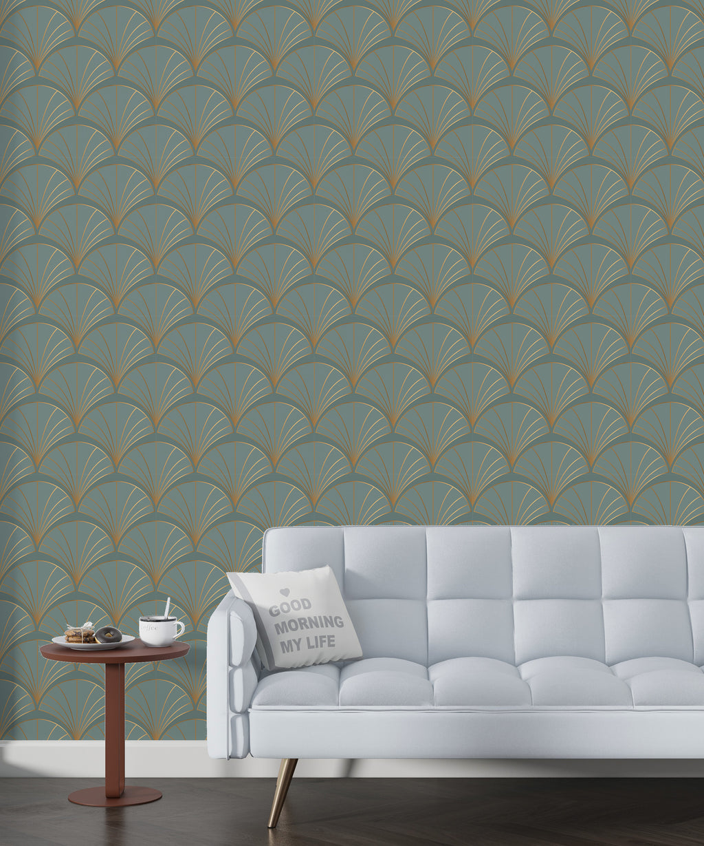 Papel pintado vinílico adhesivo Wallplas Abanicos verde