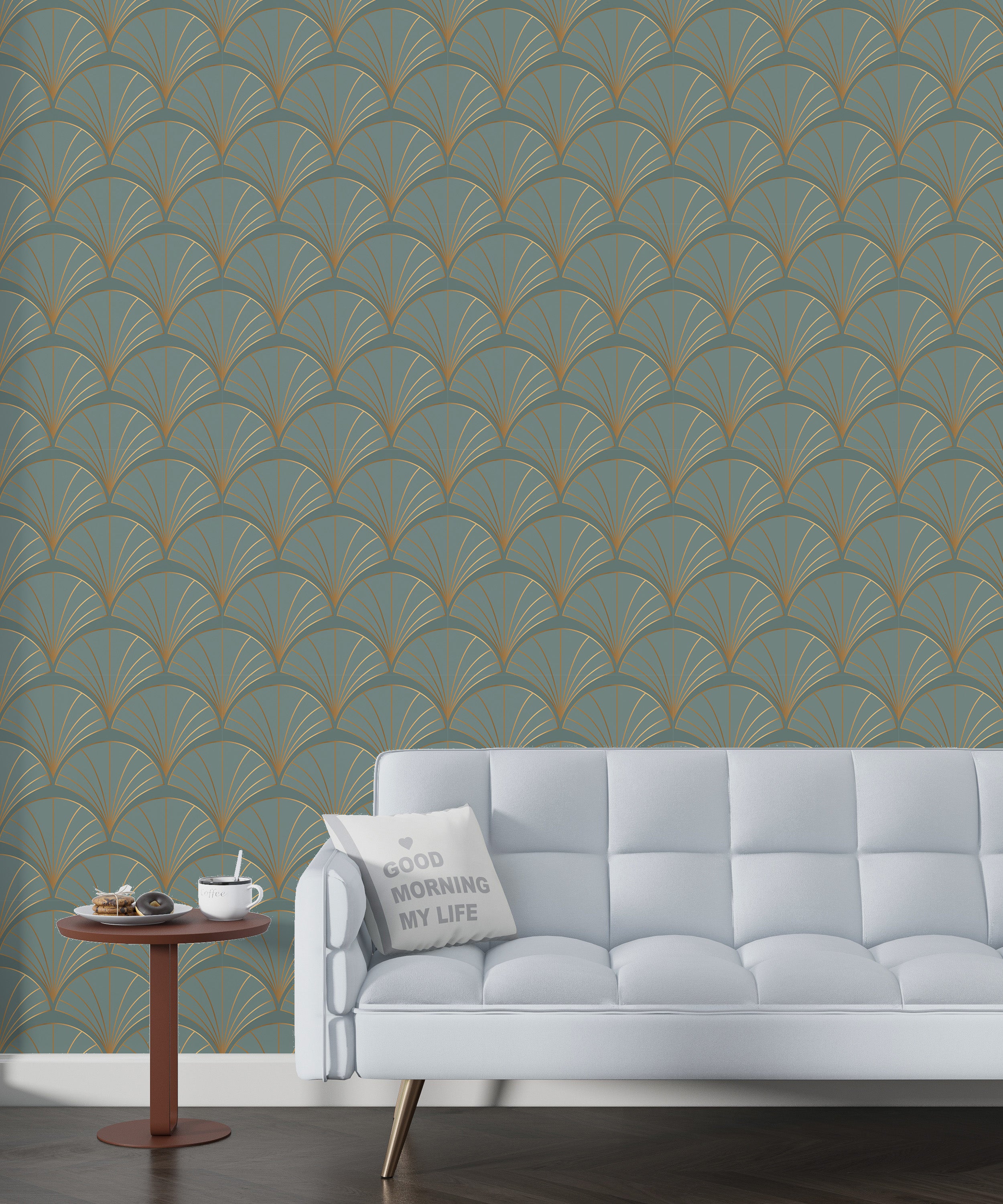 Papel pintado vinílico adhesivo Wallplas Abanicos verde