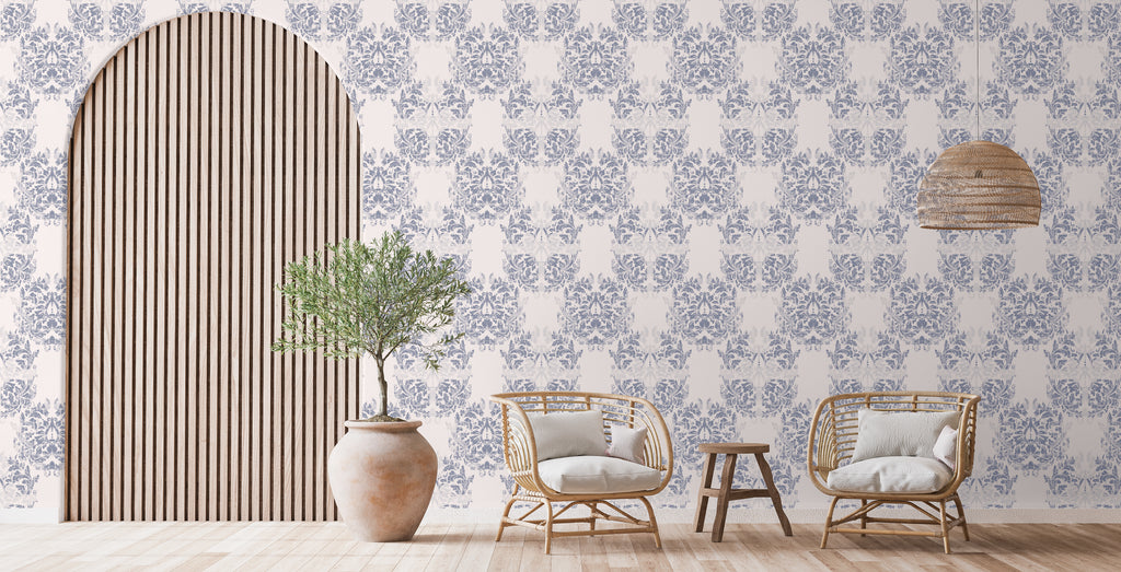 Papel pintado vinílico adhesivo Wallplas Castellon beige/azul