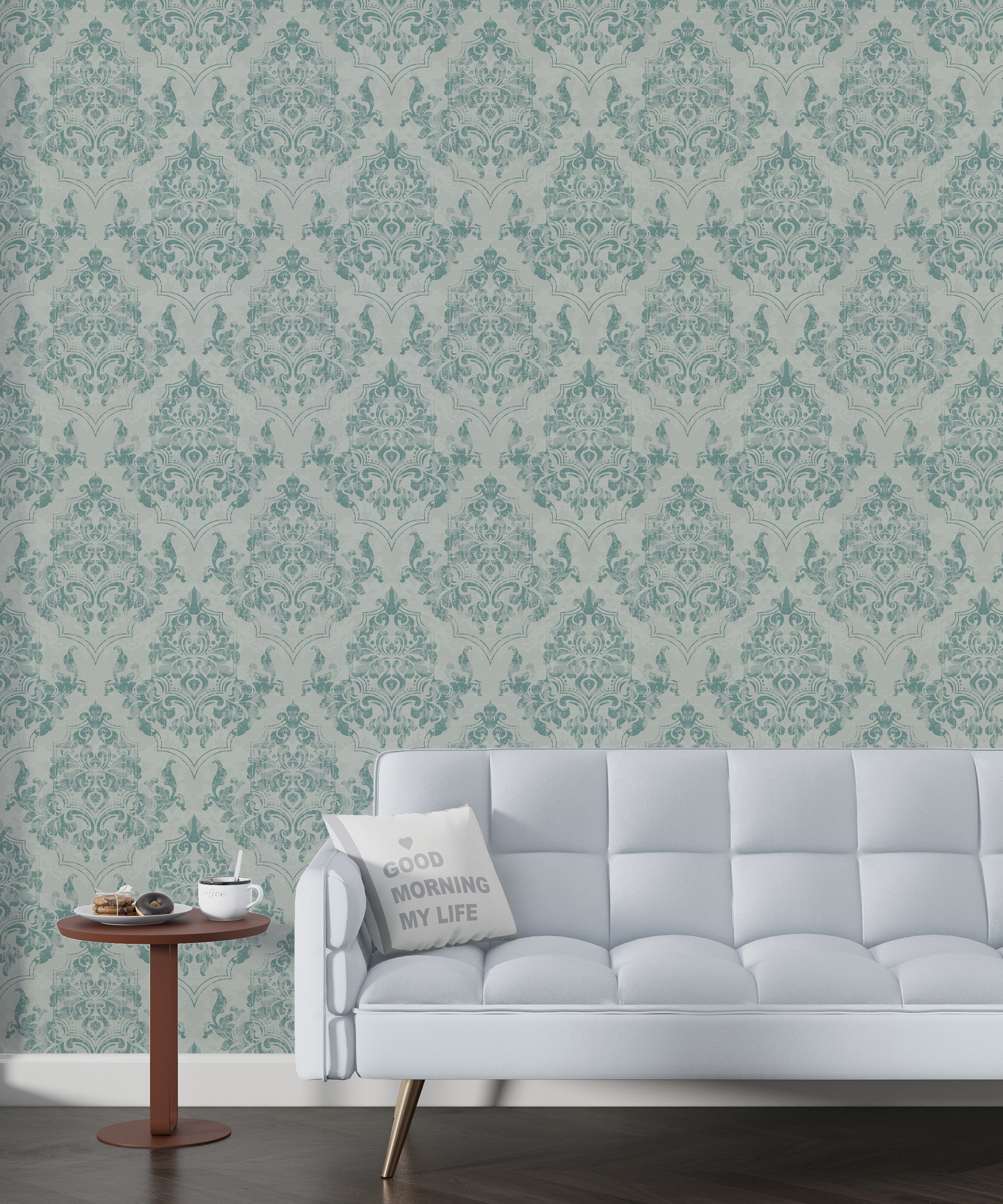 Papel pintado vinílico adhesivo Wallplas Alicante verde grisáceo