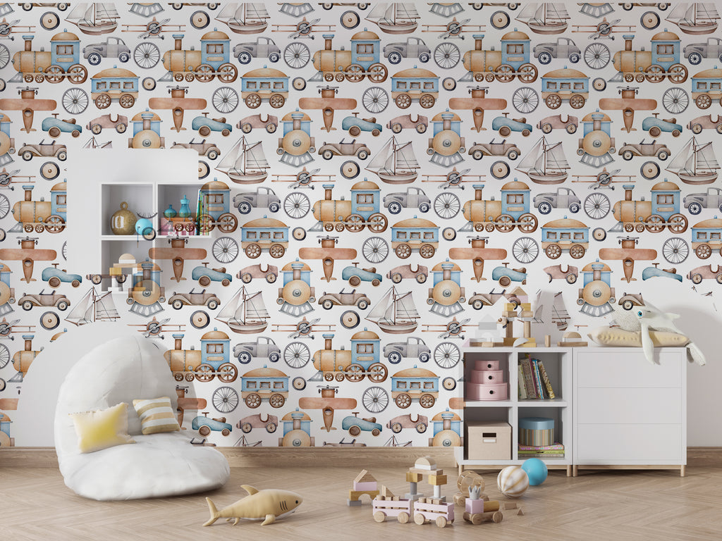 Papel pintado vinílico adhesivo infantil Wallplas Transporte