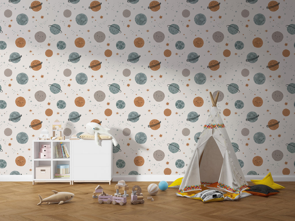 Papel pintado vinílico adhesivo infantil Wallplas Planetas