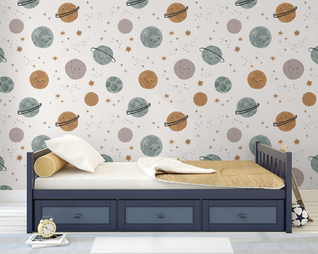 Papel pintado vinílico adhesivo infantil Wallplas Planetas